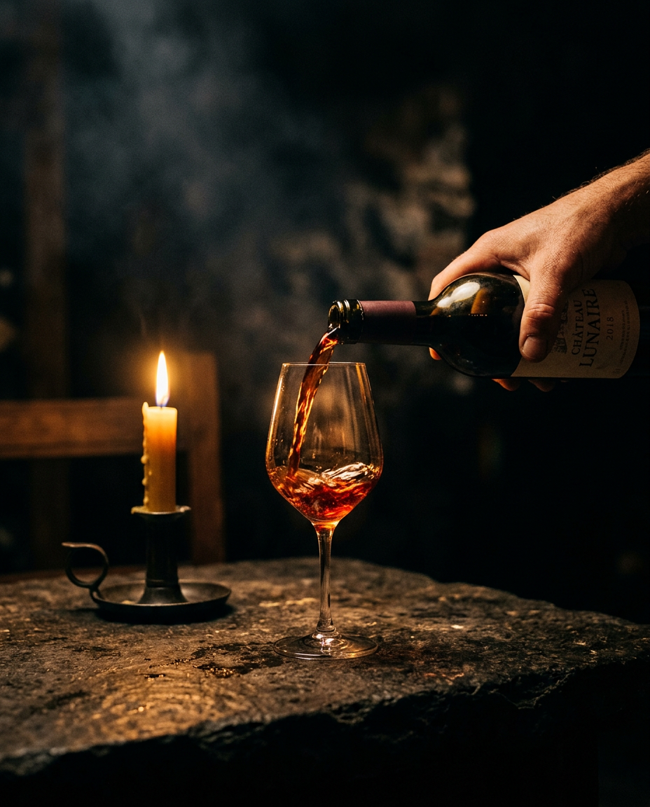 Wine poured by firelight