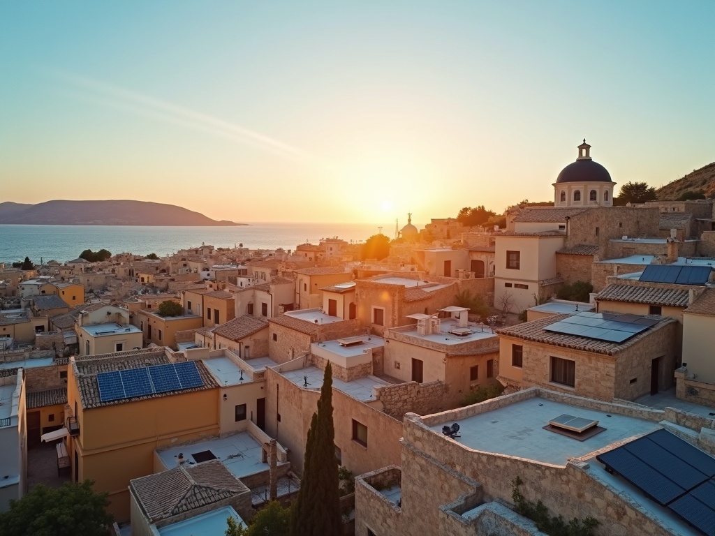 Aerial of village rooftops with solar