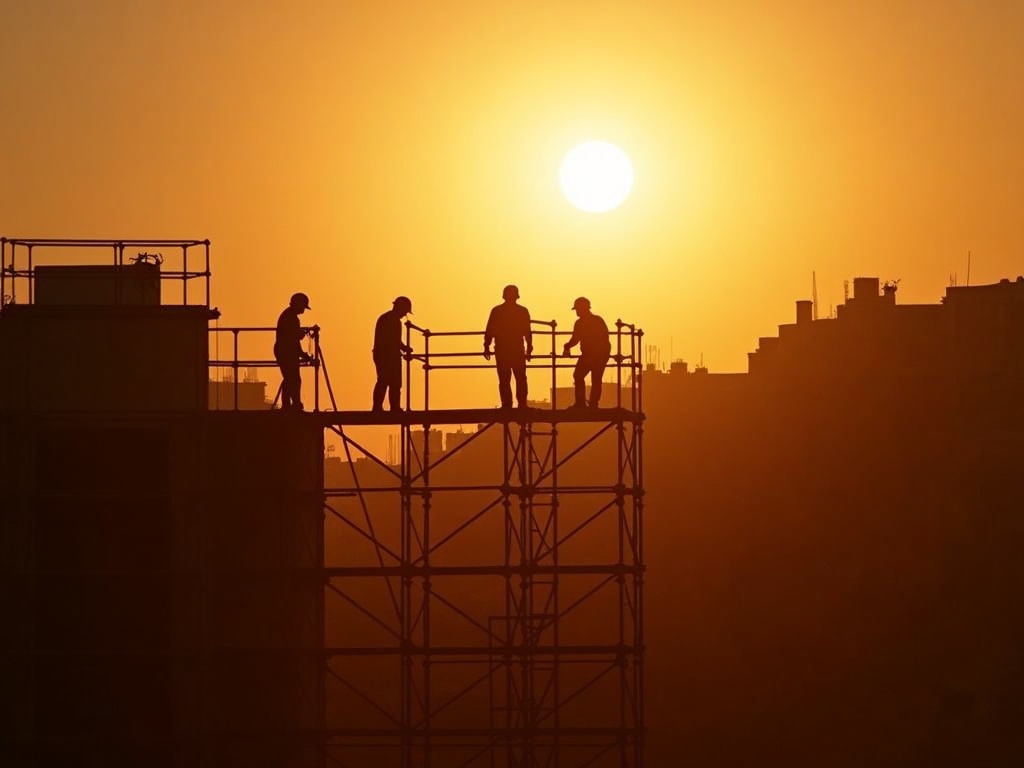 Workers on scaffolding at sunset