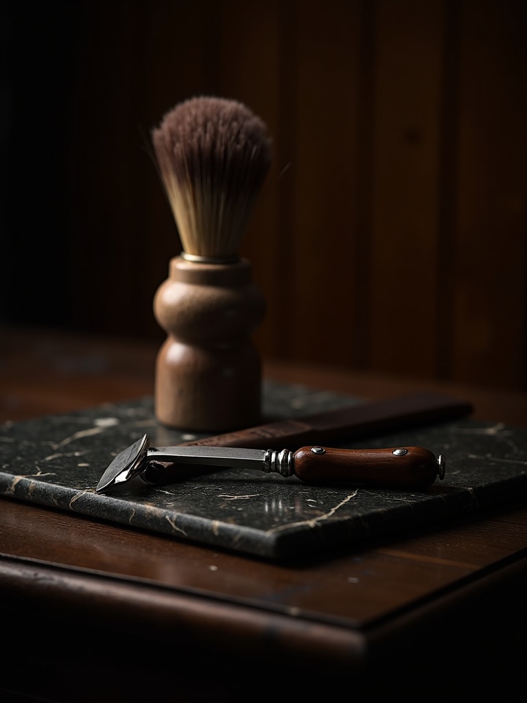 Razor, brush and comb on marble